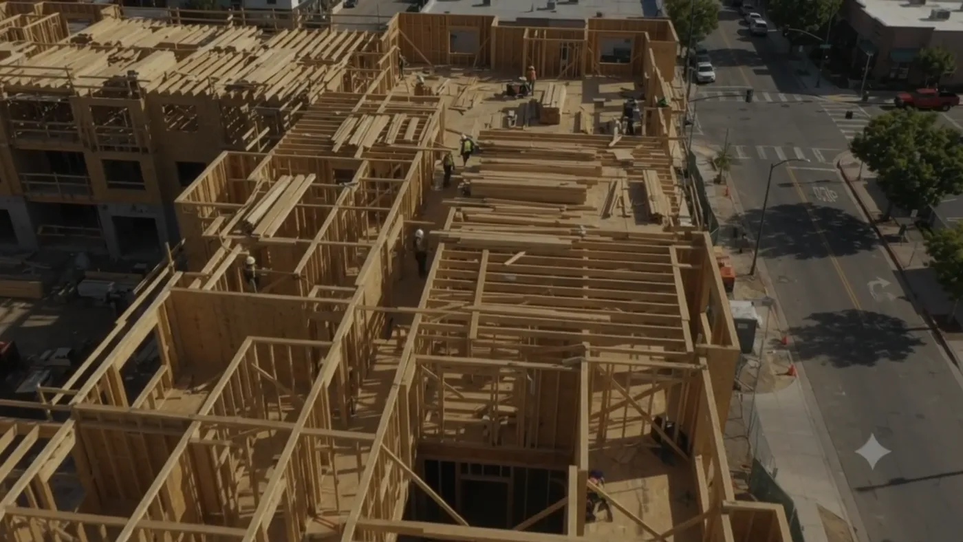 Construction framing and site crews — brand film still